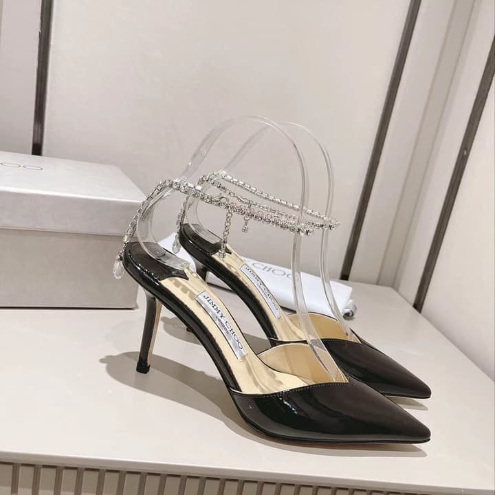 Jimmy Choo Rhinestone and Pearl Embellished Sandals – 2025 Collection in Black Patent