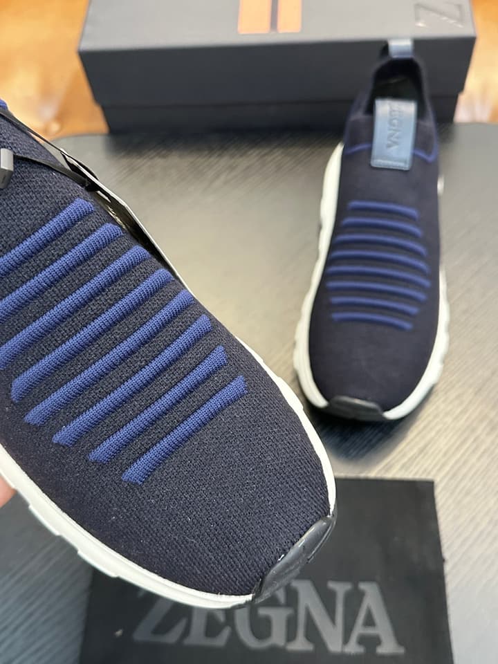 Zegna Techmerino Slip-On Sneakers in Dark Navy With Green Accent