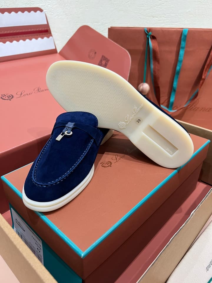 Loro Piana Classic Suede Backless Mules in Ash Blue Suede