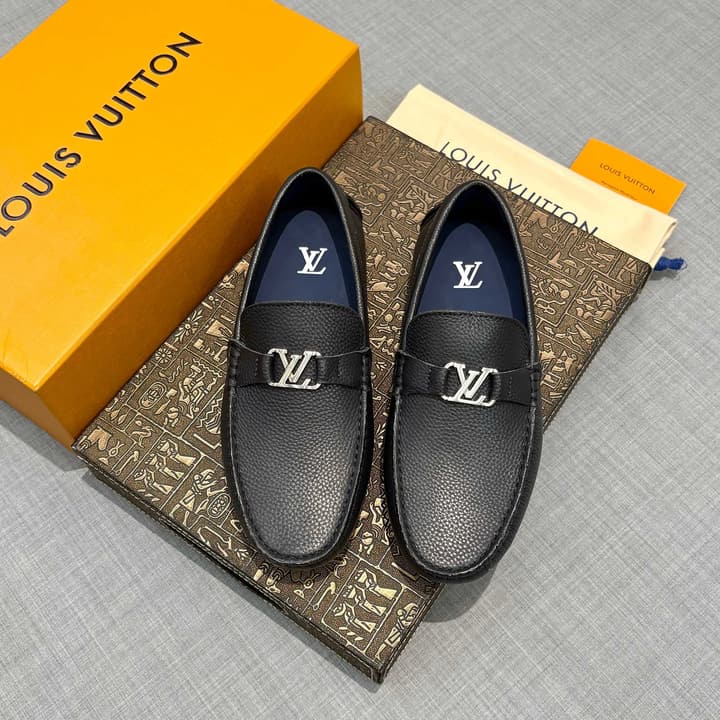Louis Vuitton Men's Grained Leather Driving Shoes in Dark Gunmetal Hardware