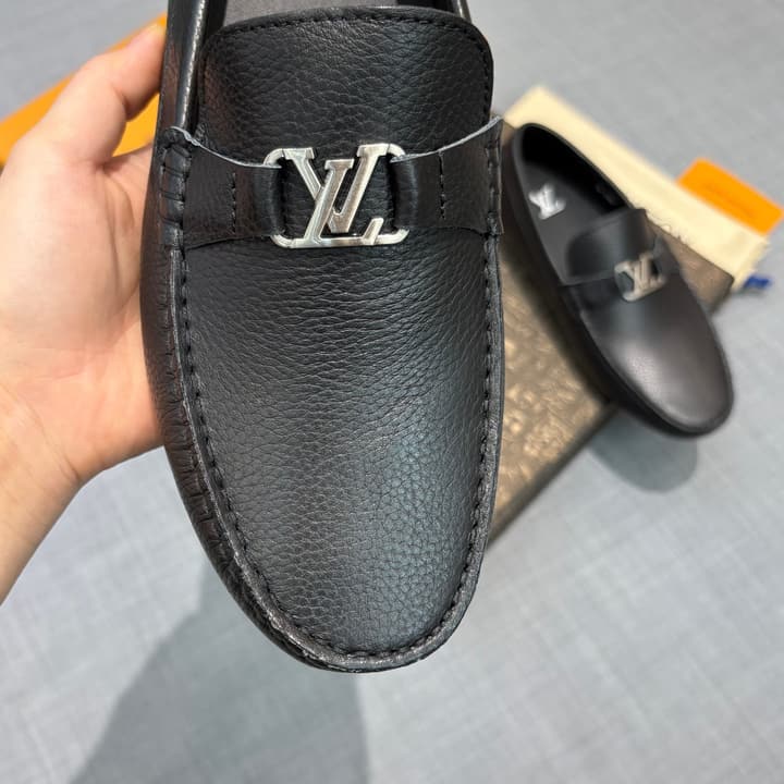 Louis Vuitton Men's Grained Leather Driving Shoes in Dark Gunmetal Hardware