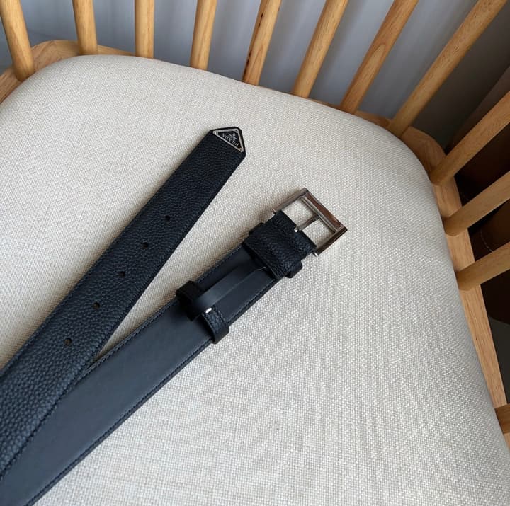 Prada Leather Belt with Triangle Logo in Black Leather Gold Buckle