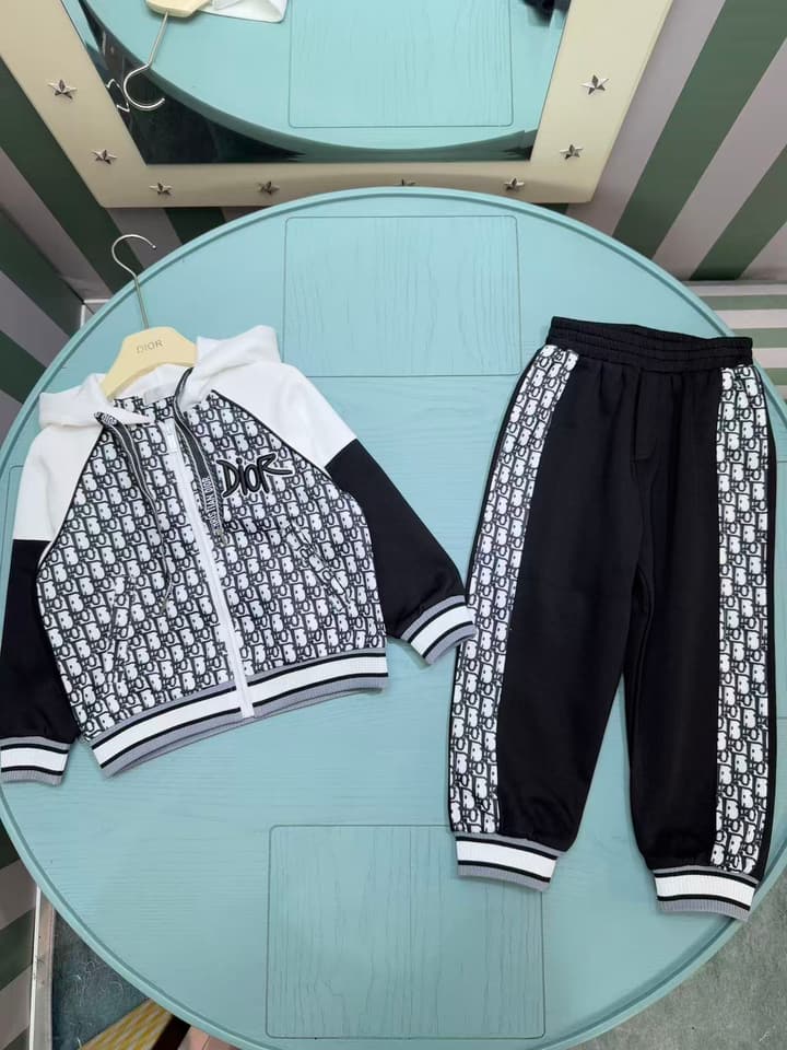 Dior High-End Children's Hooded Tracksuit Set – Kids Collection – 2025AW in Black And White Monogram