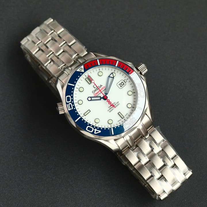 Omega Seamaster 300 Dive Watch in White Dial Blue Red Bezel