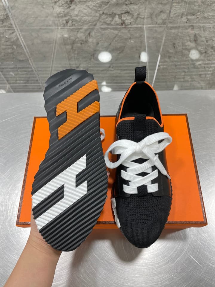 Hermès Sport Sneakers – Iconic Orange Edge in Black Knit With Black Laces