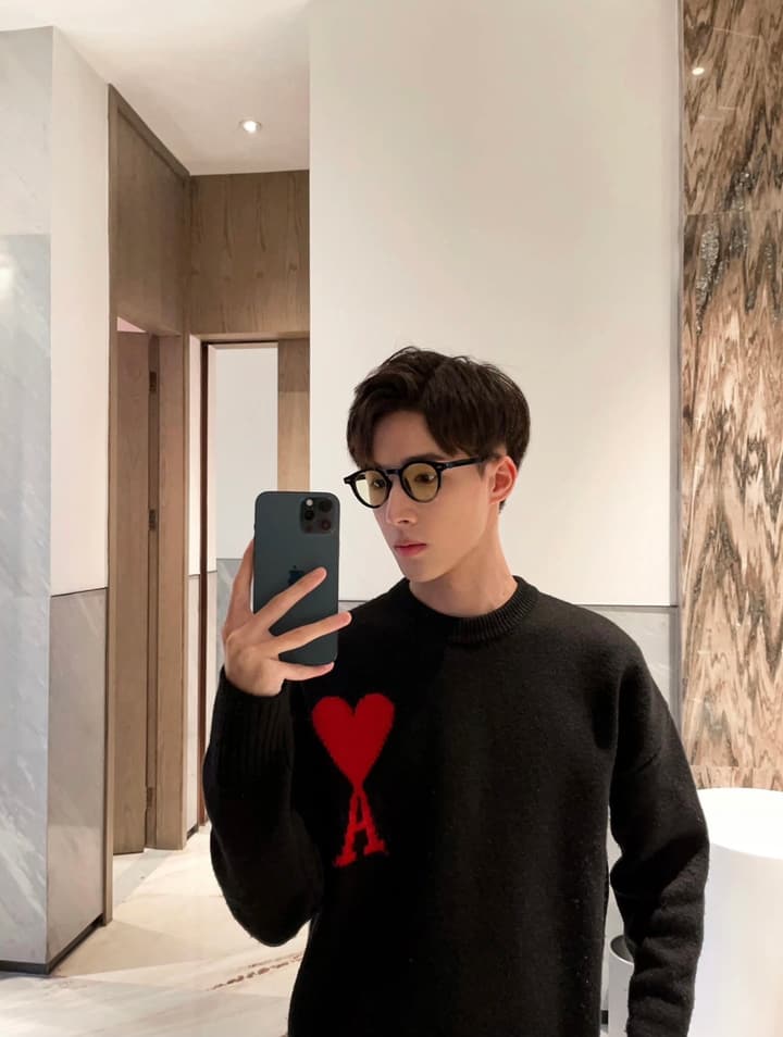 AMI Paris Heart Letter Knitted Sweater in Black With Red Heart