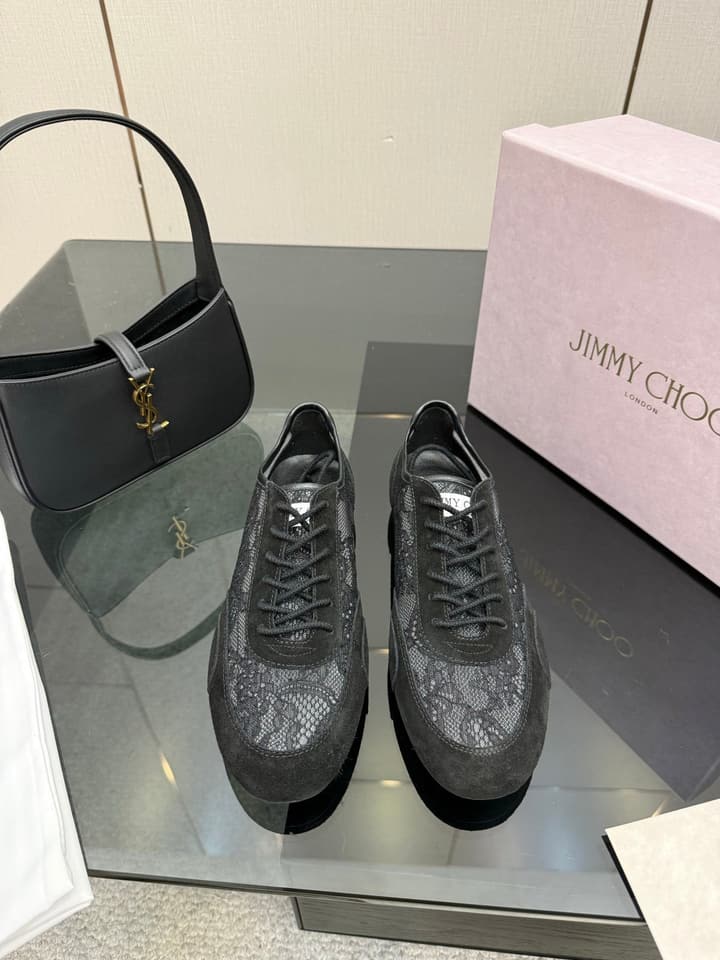 Jimmy Choo Lace-Trimmed Suede Sneakers in Black Lace