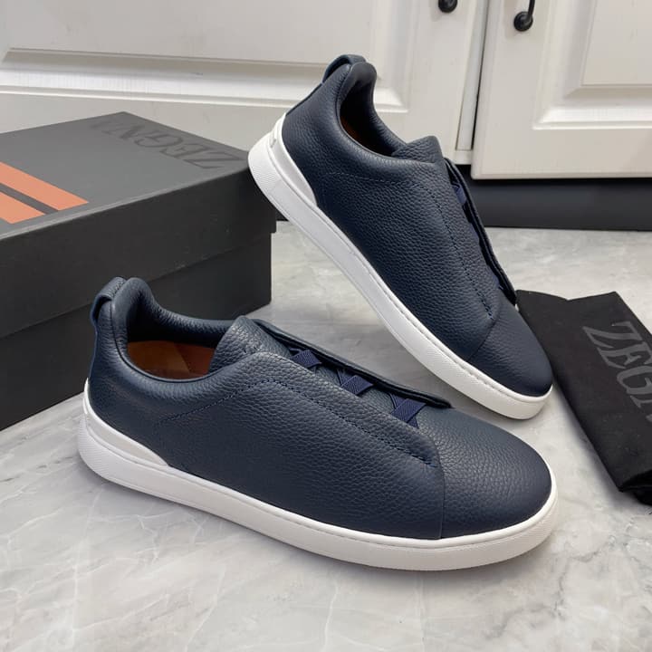 Zegna Triple Stitch Low-Top Sneakers in Navy Blue