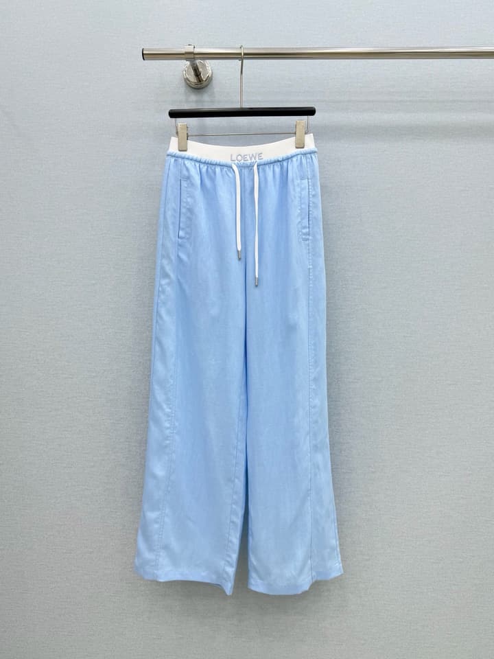 Loewe Embroidered Linen Casual Pants in Sky Blue