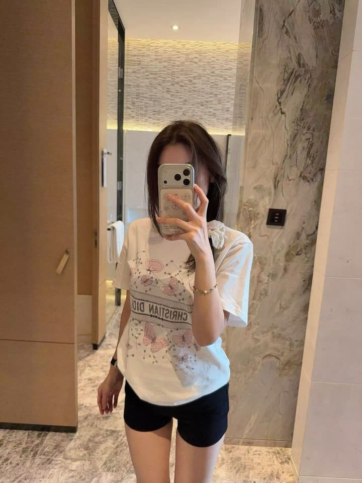 Dior Pink Butterfly Rhinestone Print T-Shirt in White With Pink Butterfly Print