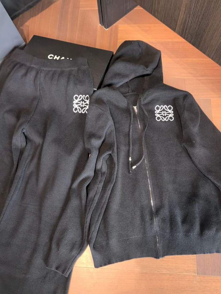 Loewe Classic Logo Embroidered Hooded Knit Set in Black
