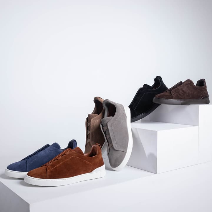 Zegna SECONDSKIN Triple Stitch Low-Top Sneakers in Navy Smooth Leather