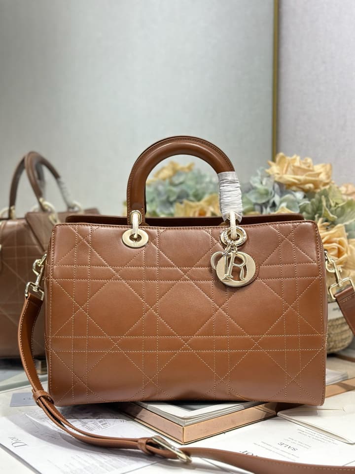 Dior Lady Dior Large Tote Bag in Dark Cognac With Gold Hardware