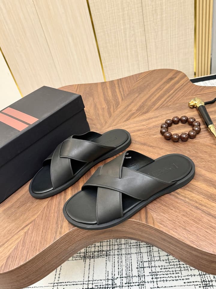 Zegna Men's Cross Strap Leather Slippers