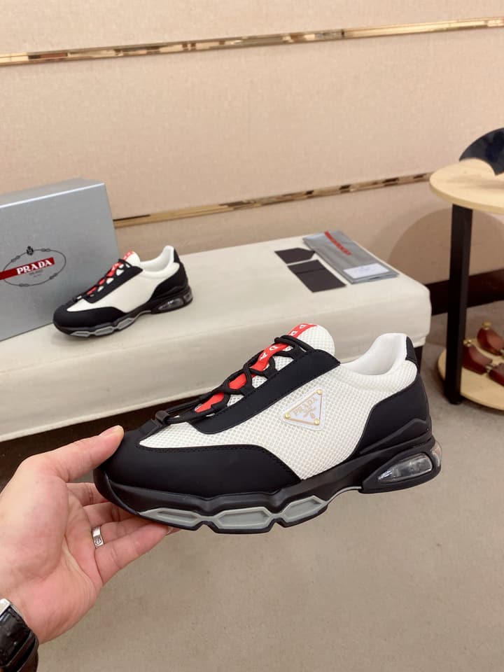 Prada Men's Leather Mesh Sneakers – New Collection in Light Grey With White Logo