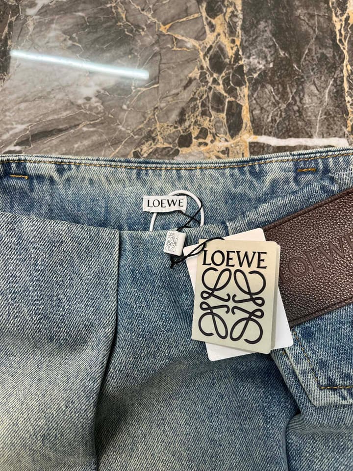 Loewe Leather-Trimmed Denim Mini Skirt in Stonewash Blue