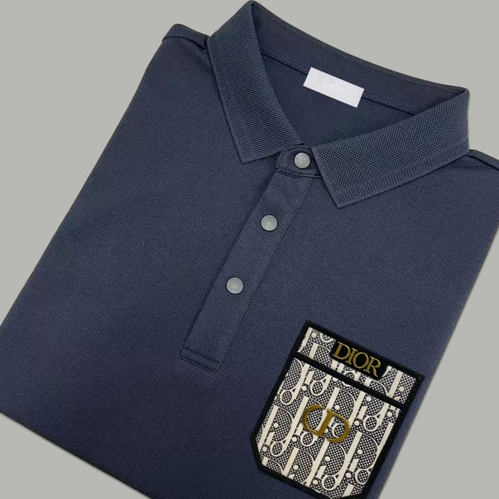 Dior Silk Long Sleeve Polo Shirt with Metal Patch in White With Solid Pocket