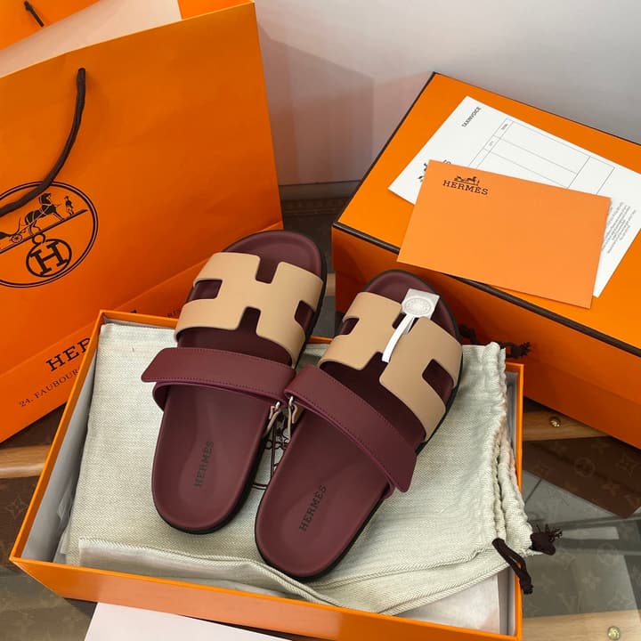 Hermès Chypre Suede Sandals in Burgundy And Beige