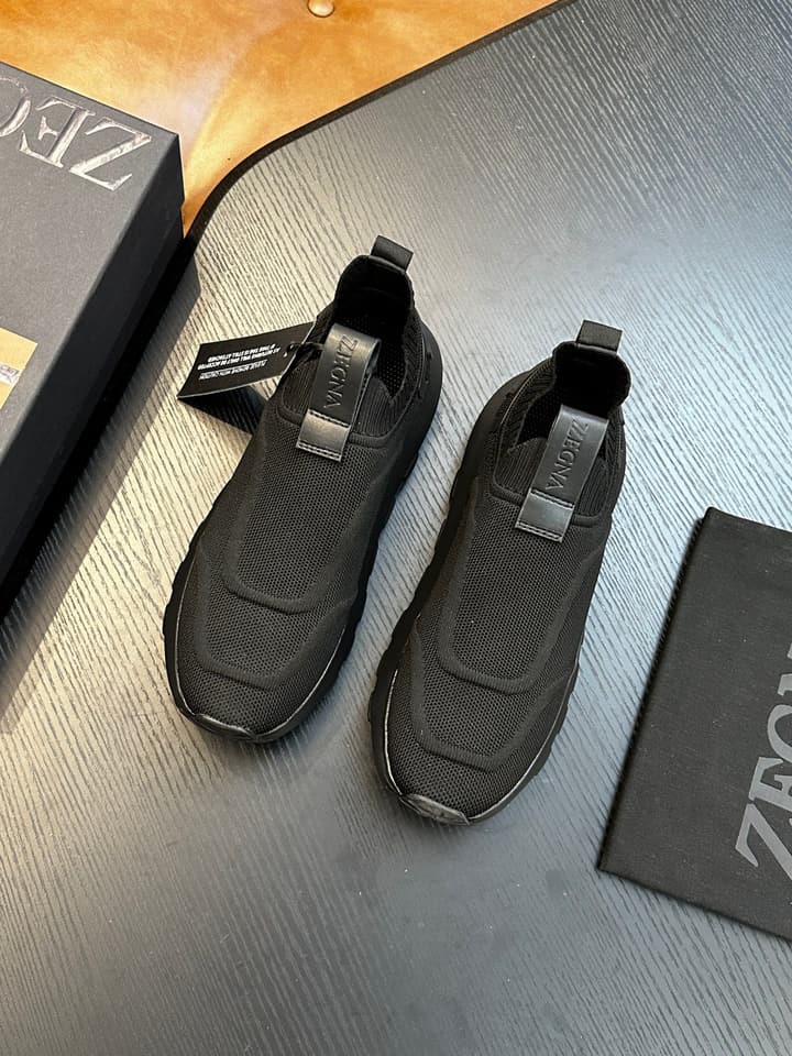 Zegna Techmerino Slip-On Sneakers in Dark Navy With Green Accent