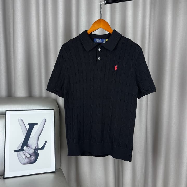 Ralph Lauren Classic Cable Knit Polo Sweater in Black