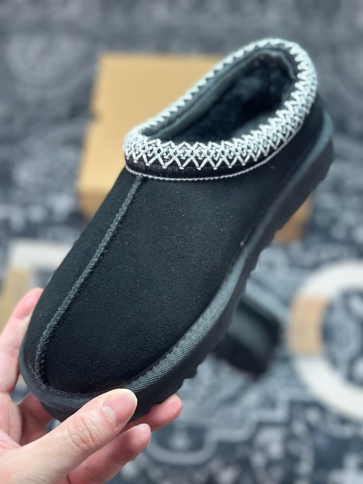 UGG Tazz Thin Sole Sheepskin Snow Boots in Black With White Patterned Trim