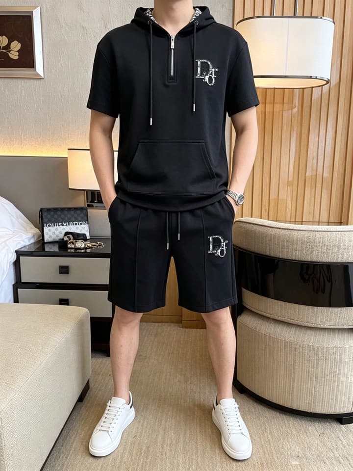 Dior Classic Air Layer T-Shirt and Shorts Set – 2026 Summer Collection in Black Crewneck Oblique Stripe