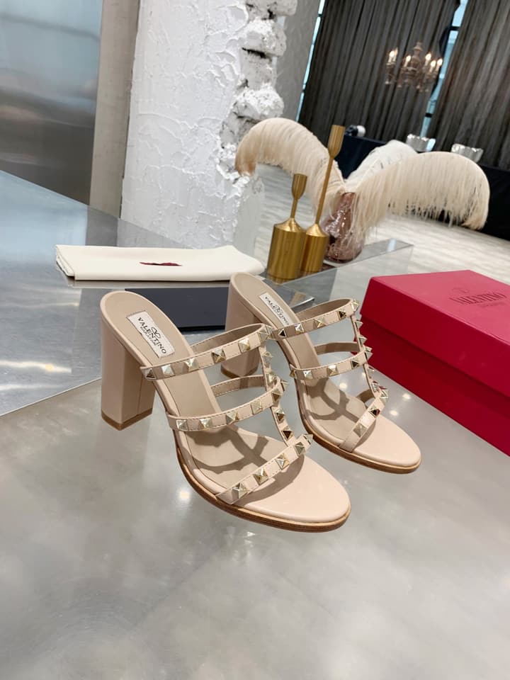 Valentino Studded Classic Block Heel Sandals in Beige