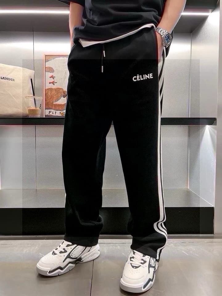 Celine Side-Striped Logo Drawstring Pants – 23SS in Black With White Side Stripes