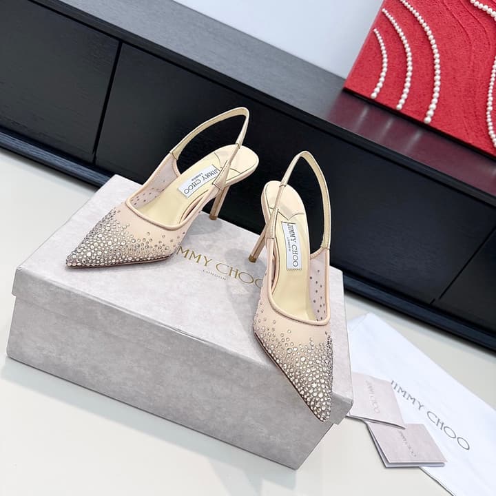 Jimmy Choo Mesh Rhinestone Slingback Heels – Spring/Summer Collection in Pure White