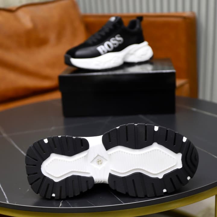 Boss Men's Luxury Running Sneakers in Black Mesh With White Sole