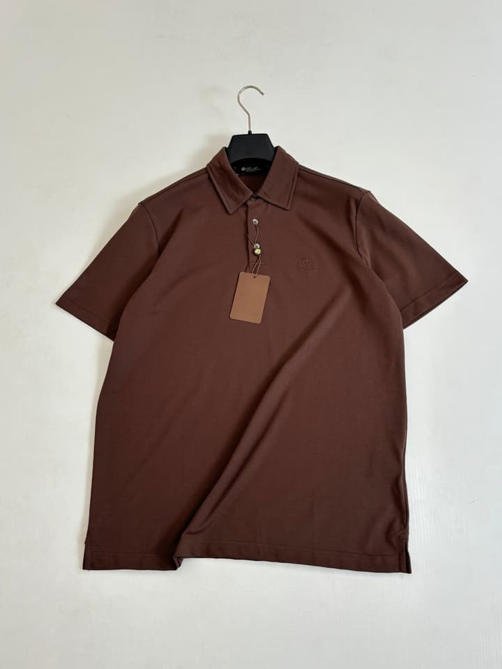 Loro Piana LP Logo Embroidered Pique Cotton Polo Shirt in Dark Brown