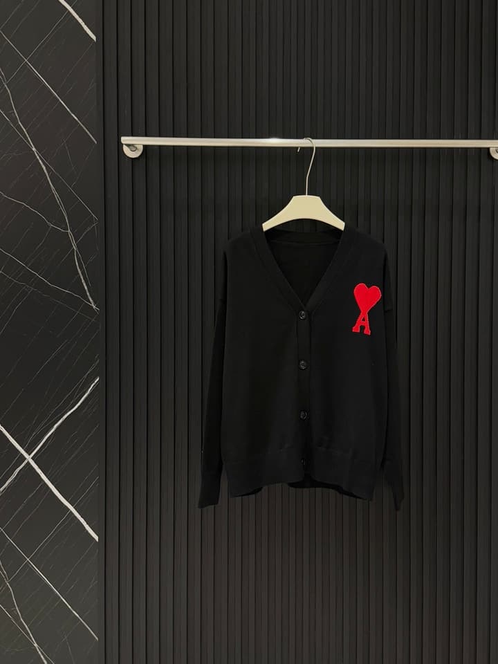 AMI Paris Heart A Knit Cardigan in Black
