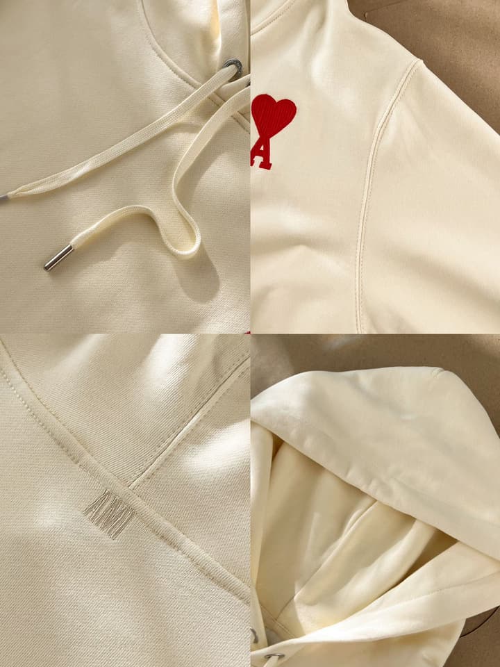Ami Paris Ami De Coeur Heart Embroidery Hoodie in Beige