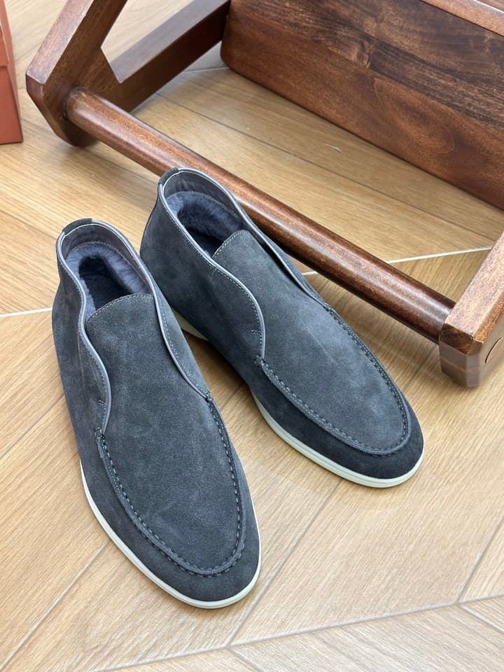 Loro Piana Men's Luxury Fur Boots in Navy Suede