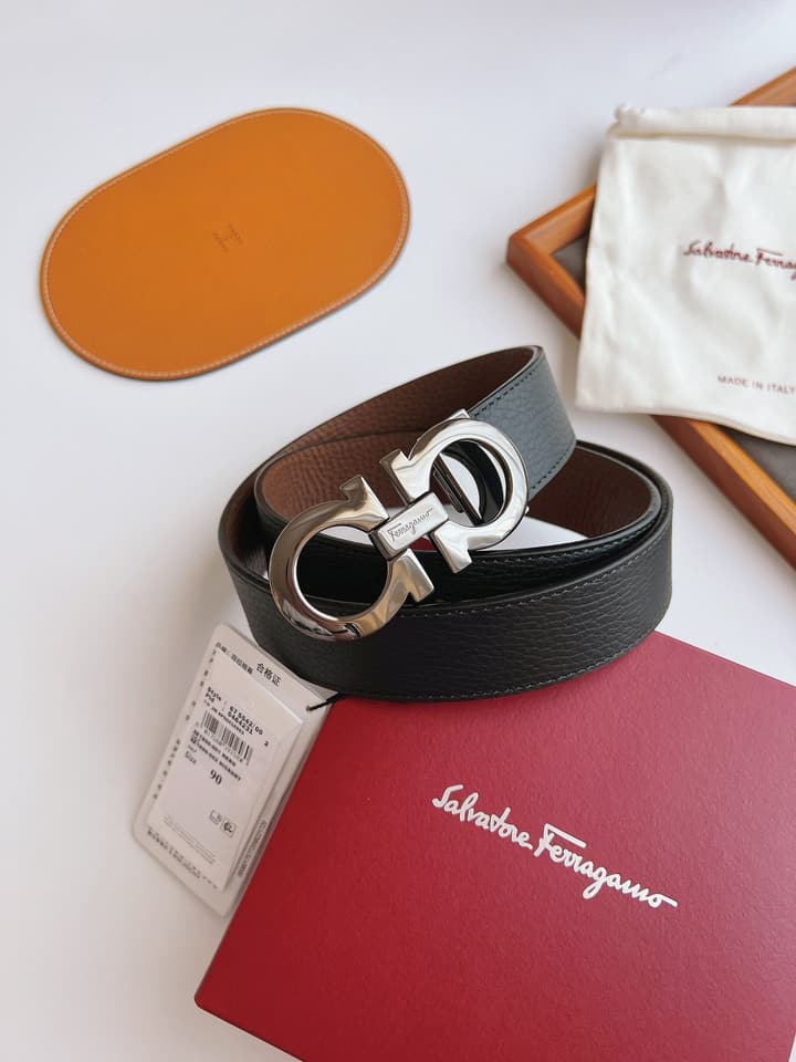 Ferragamo Men's Reversible Leather Belt in Black/brown Reversible With Gold Buckle
