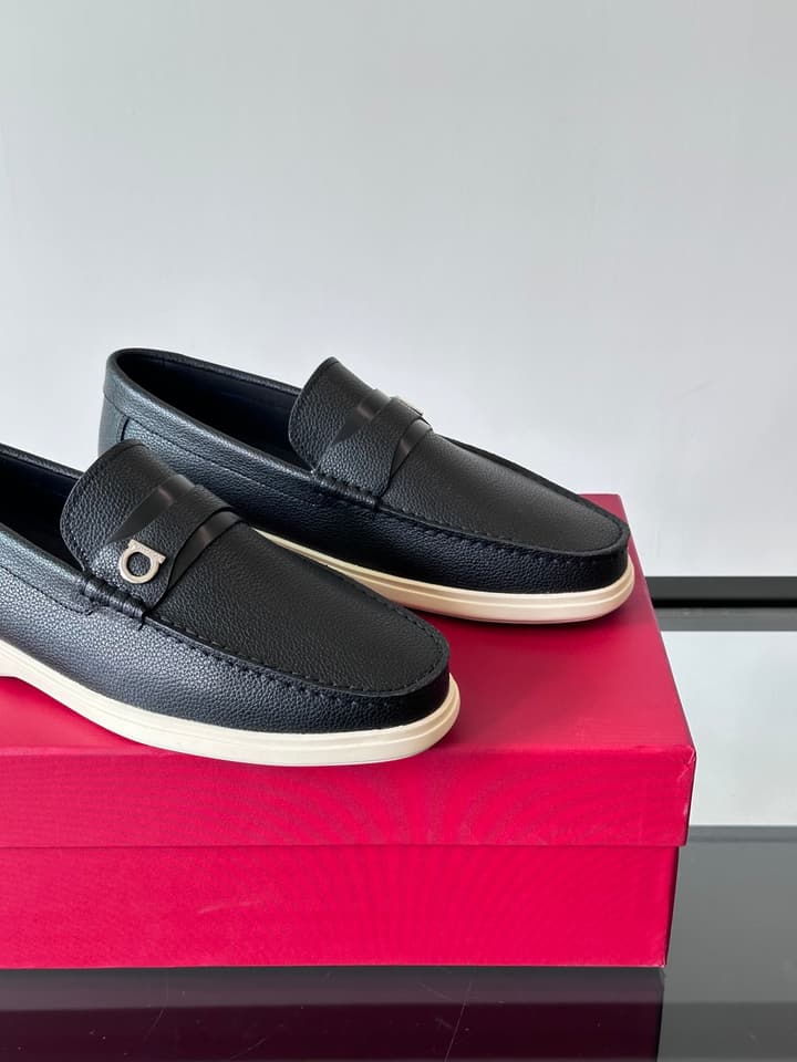 Ferragamo Men's Imported Calfskin Driving Shoes in Classic Black Leather