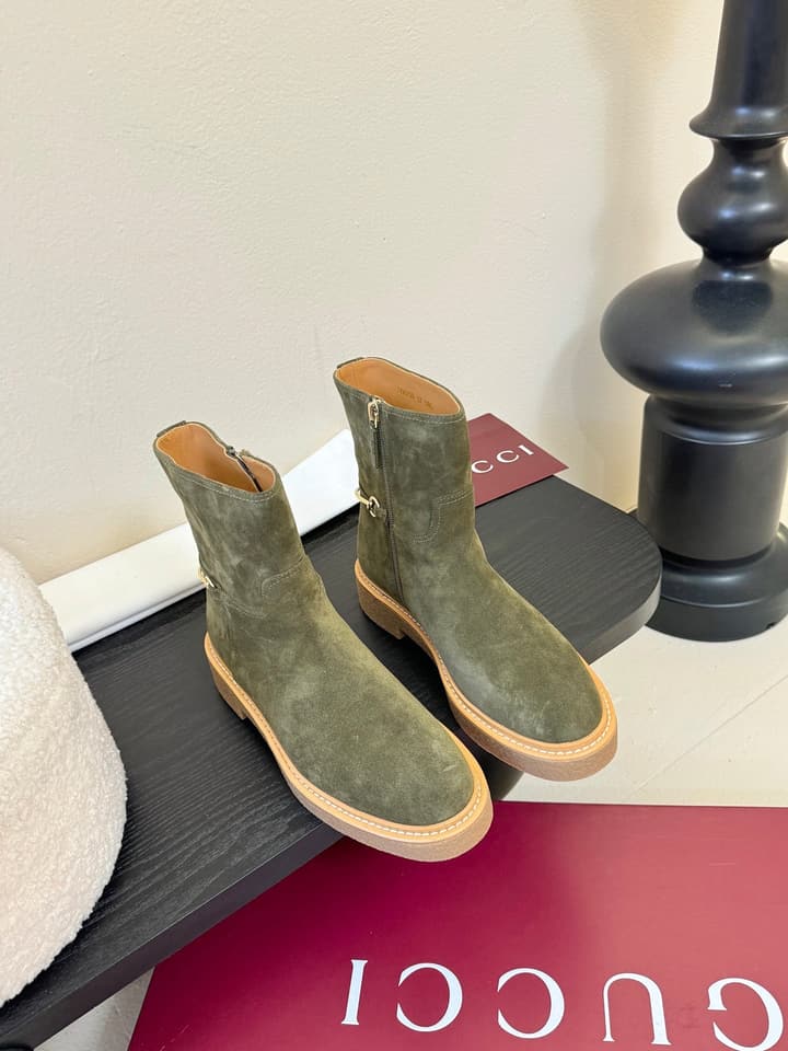 Gucci Runway Suede Boots in Taupe Suede