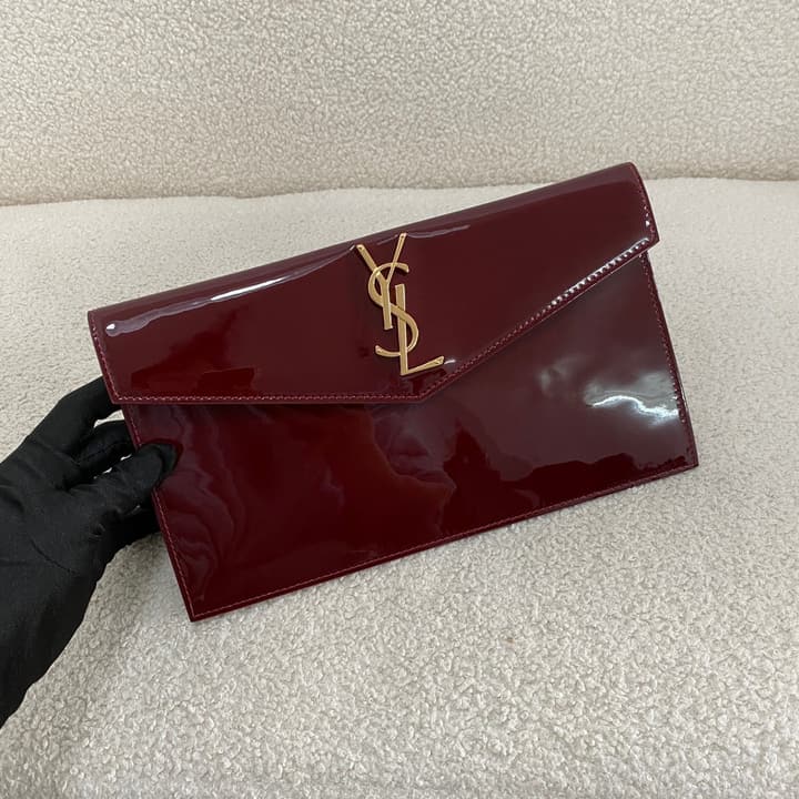 Saint Laurent Uptown Envelope Clutch Bag in Patent Burgundy Red