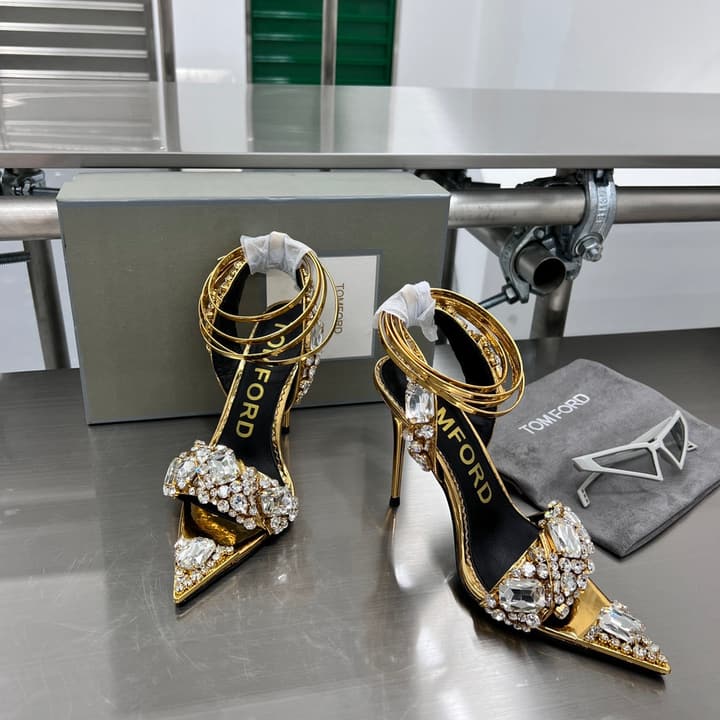 Tom Ford Gold Crystal Heeled Sandals in Metallic Gold
