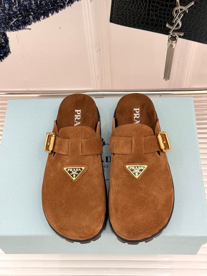 Prada Triangle Logo Birkenstock Slippers – Spring/Summer Collection in Black Suede