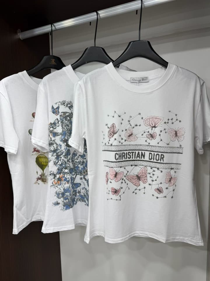 Dior Pink Butterfly Rhinestone Print T-Shirt in White With Pink Butterfly Print