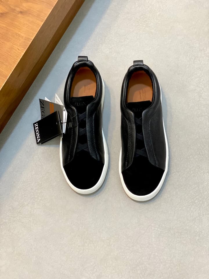 Ermenegildo Zegna Triple Stitch Sneakers in Black Leather With Brown Tag