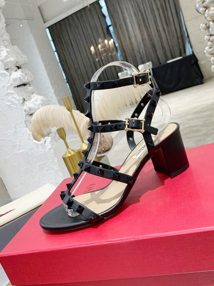 Valentino Studded Classic Block Heel Sandals in Black With Black Studs 6.5cm Heel