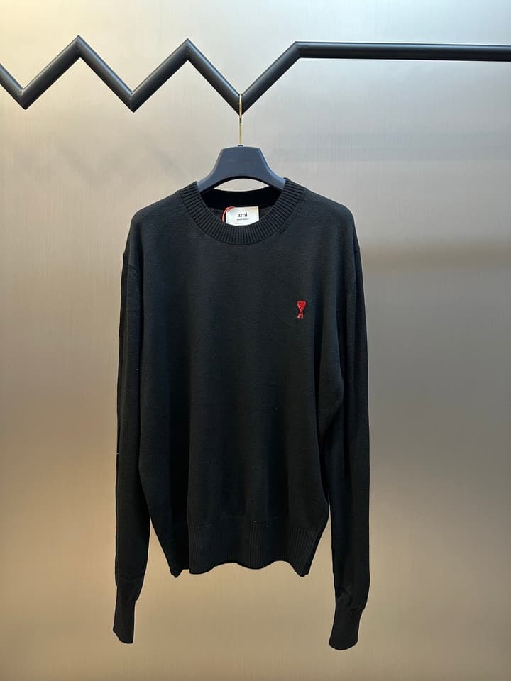 AMI Paris Heart Embroidery Merino Sweater in Classic Black