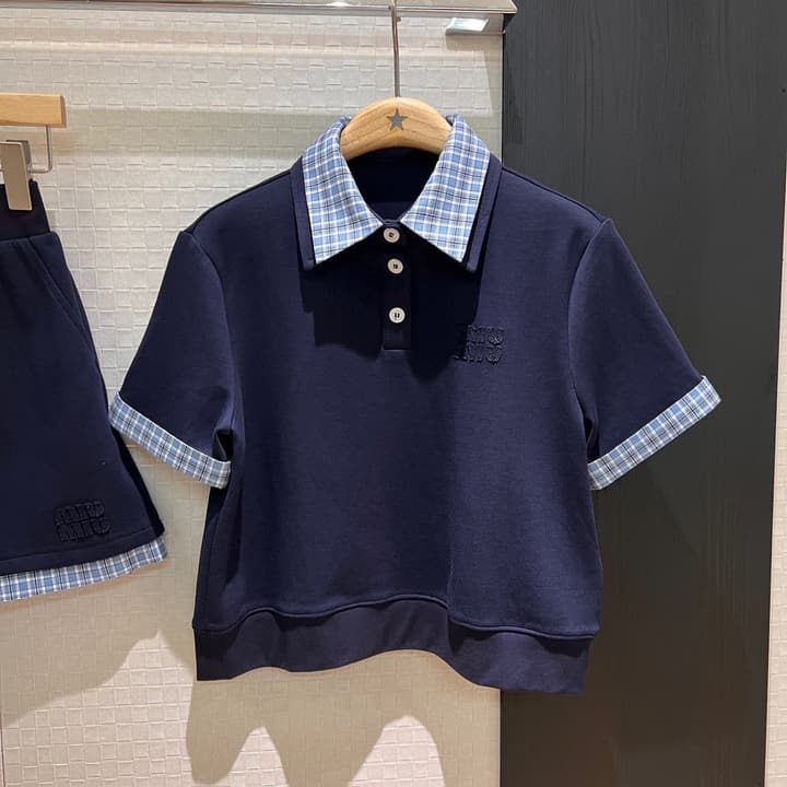 Miu Miu Plaid Polo Skirt Set in Blue