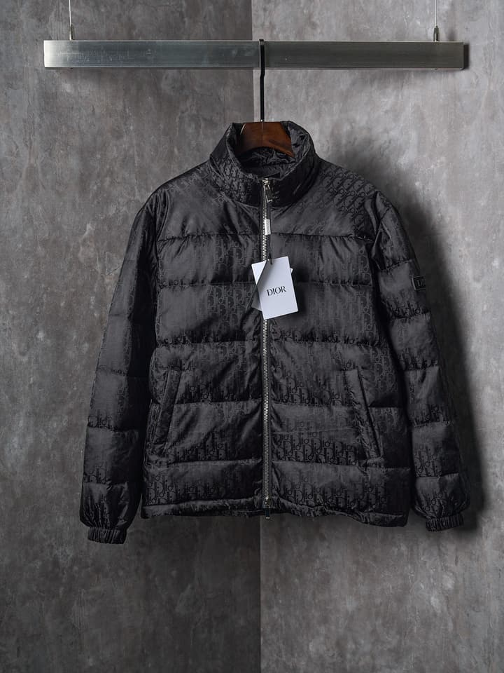 Dior Full Print Jacquard Stand Collar Puffer Jacket in Dark Gray Puffer Jacket