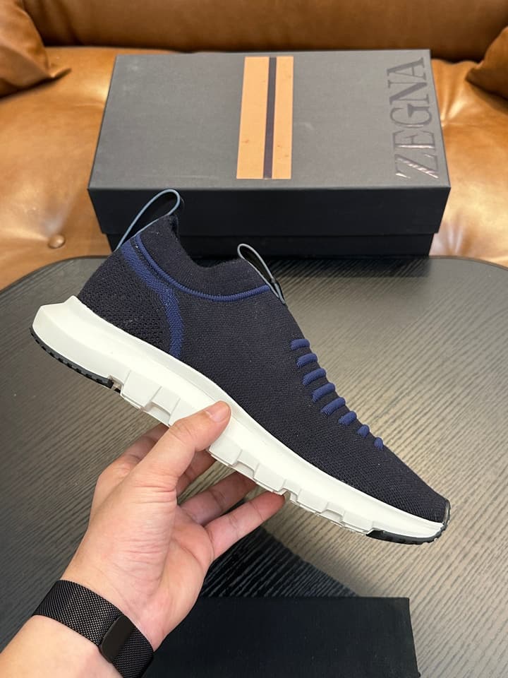 Zegna Techmerino Slip-On Sneakers in Dark Navy With Green Accent