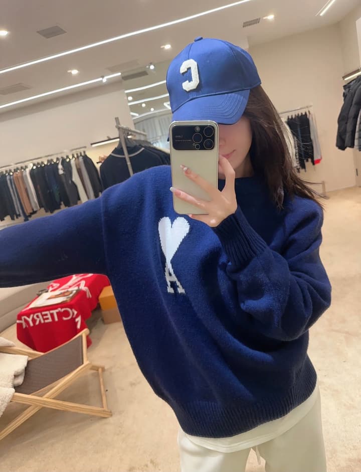 AMI Paris Heart Letter Knit Sweater in Deep Navy Blue