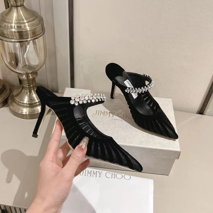 Jimmy Choo Pointed Toe Crystal Heeled Sandals – 2025 Collection in Black Suede