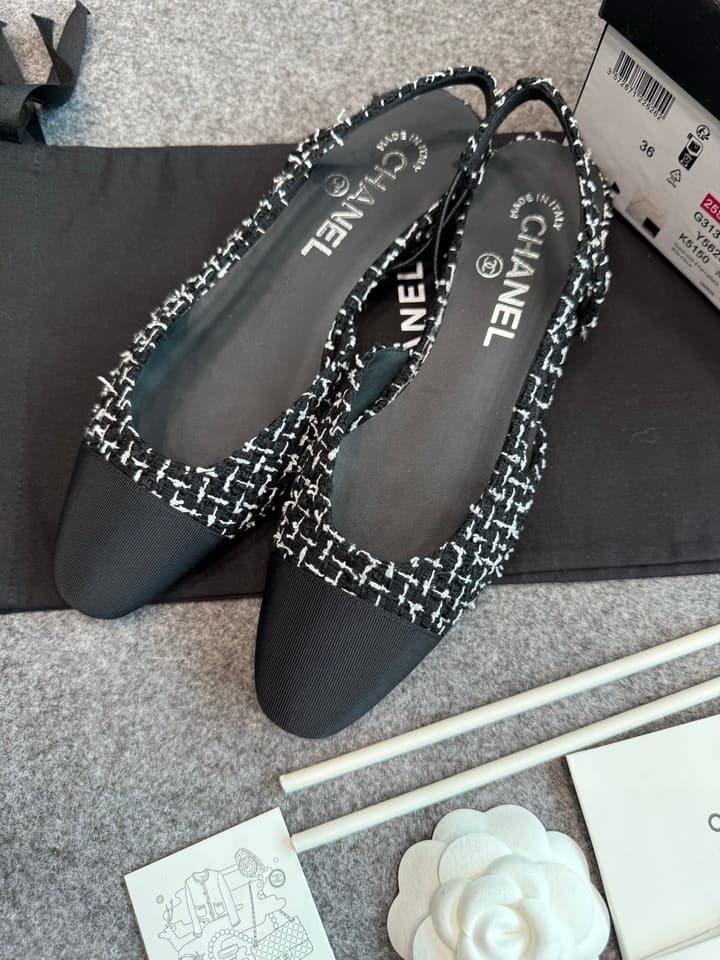 Chanel Classic Slingback Heels in Bright Black And White Tweed